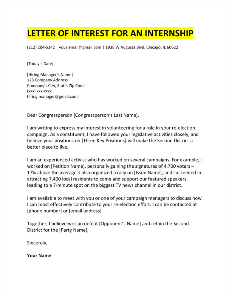 letter of interest internship template example | Templateral