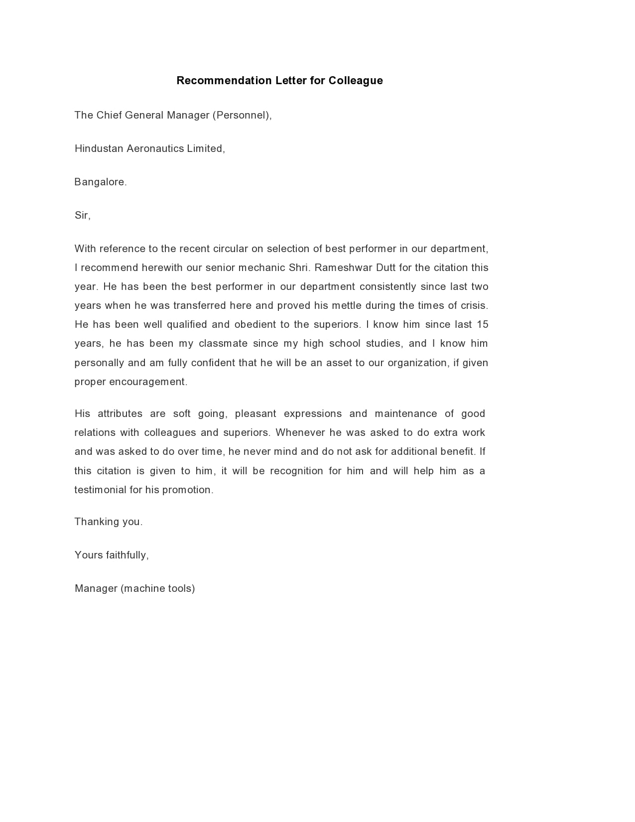 letter of recommendation for coworker