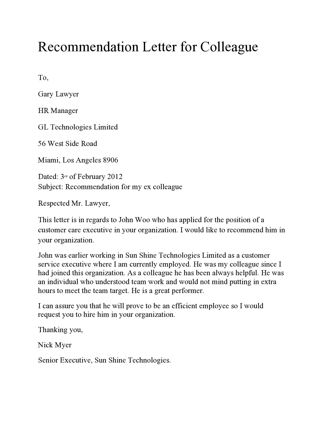 letter of recommendation for coworker