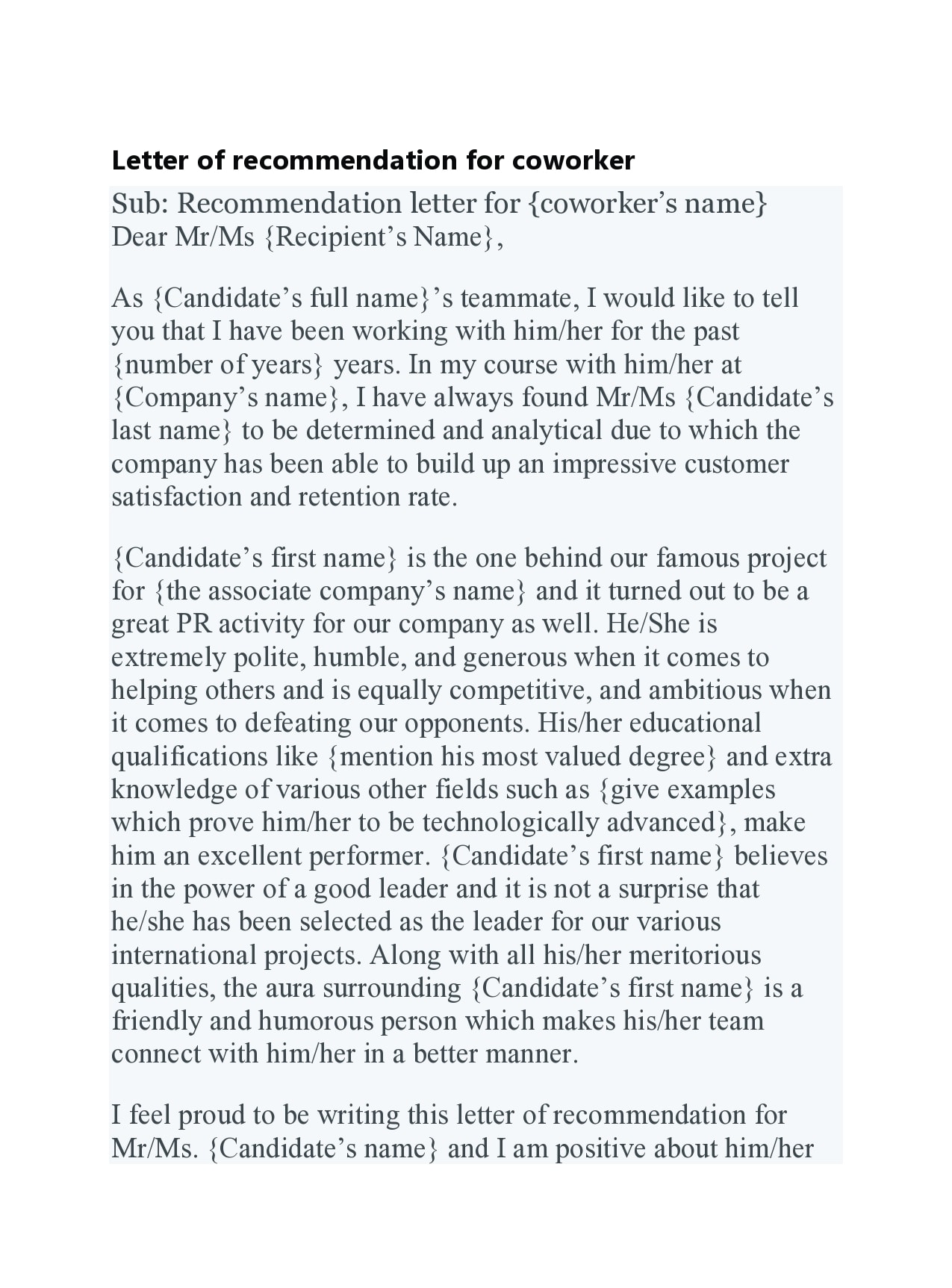 letter of recommendation for coworker