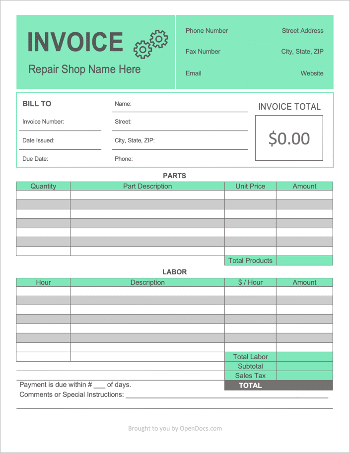 mechanic shop invoice template example