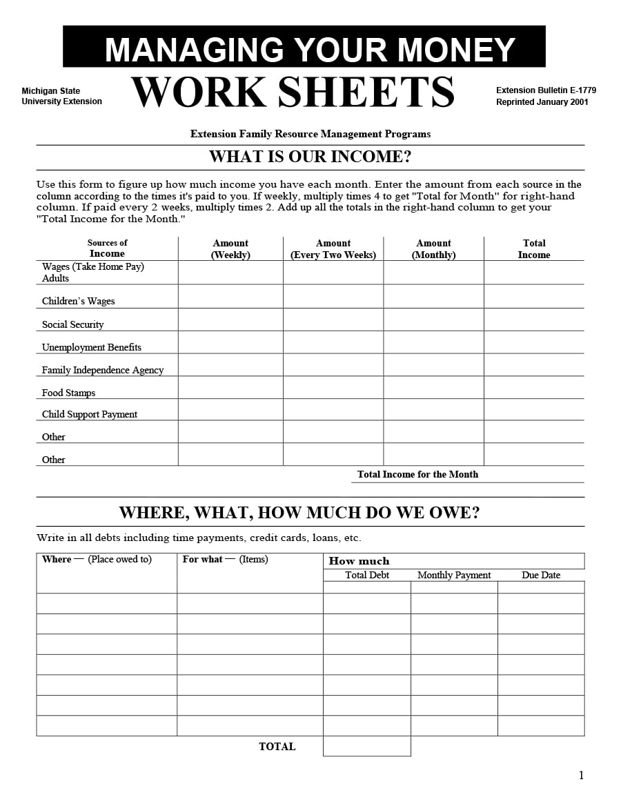 money management worksheet