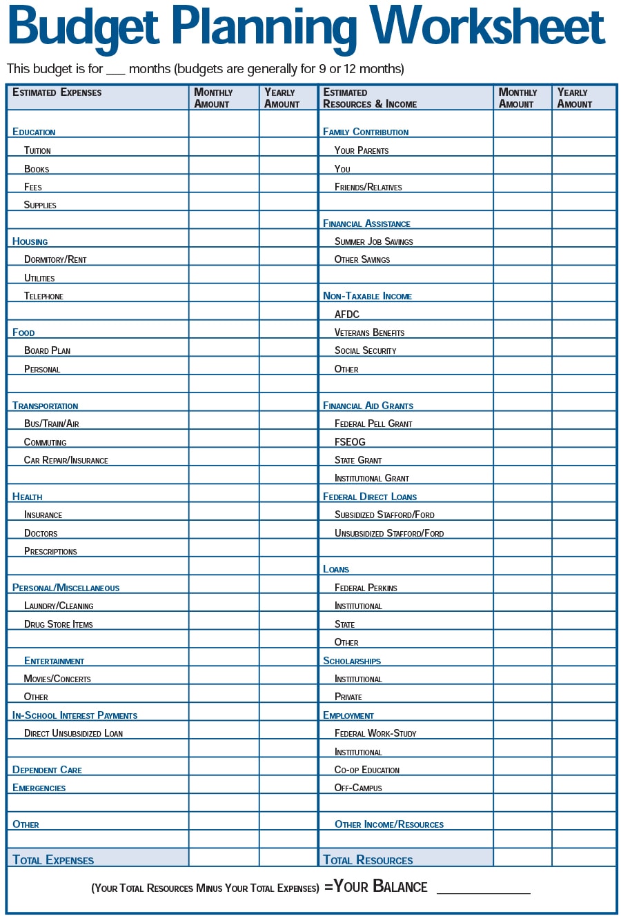 money management worksheet