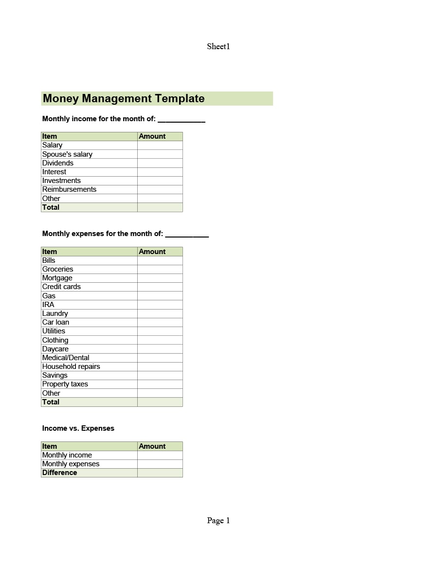 money management worksheet