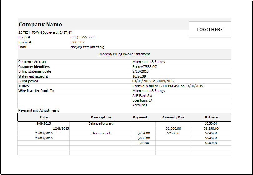 monthly billing statement template sample