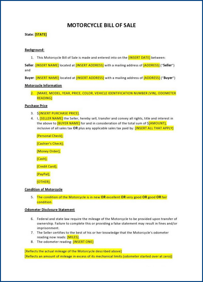 motorcycle bill of sale template sample