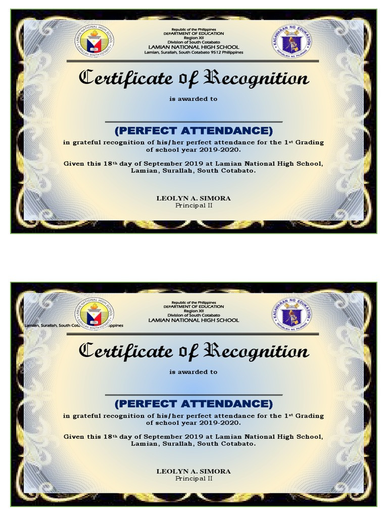 perfect attendance award certificate template