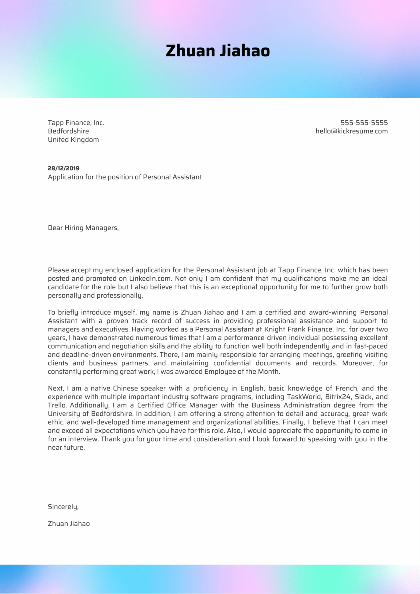 personal assistant cover letter template sample