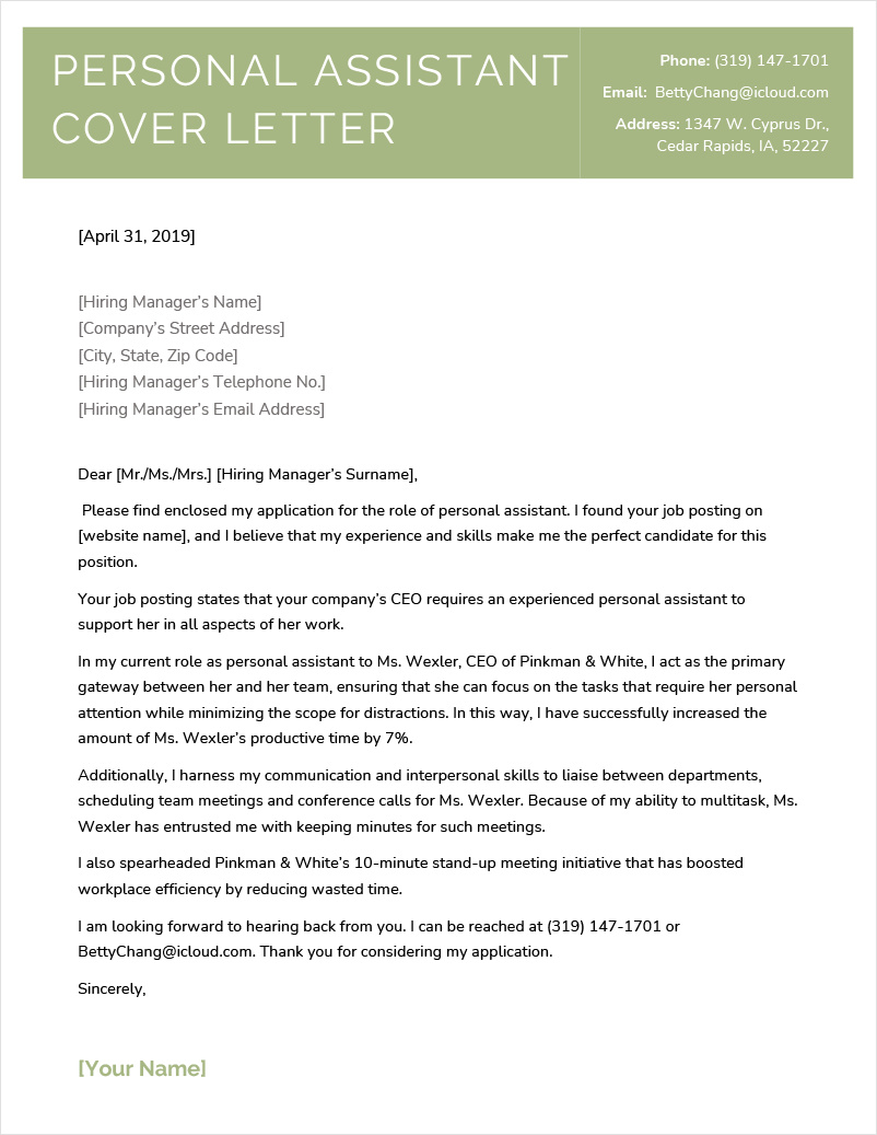 personal assistant cover letter template