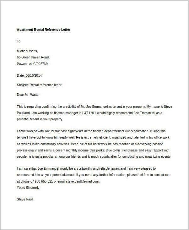 personal recommendation letter for apartment sample