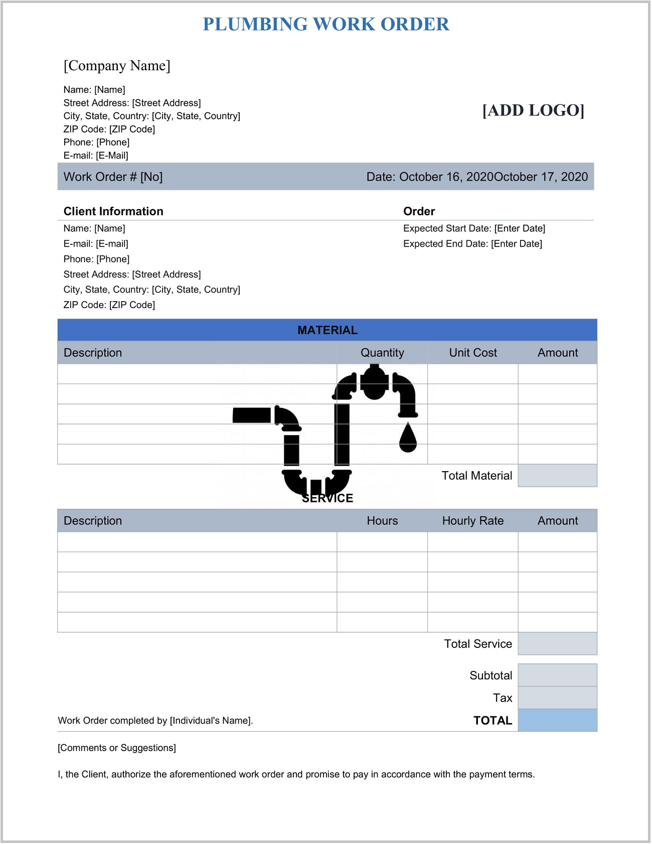 plumber estimate template example