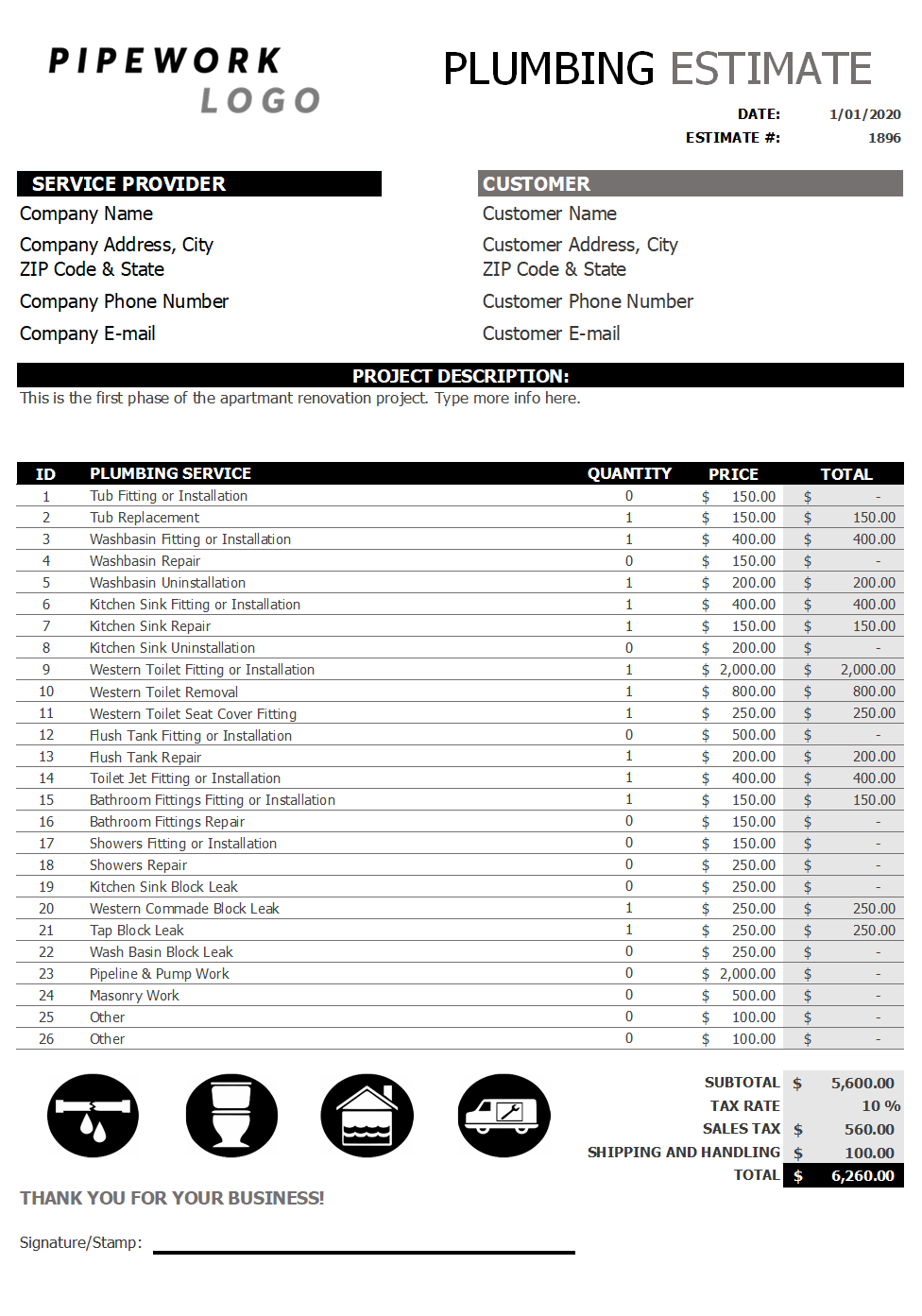 plumber estimate template