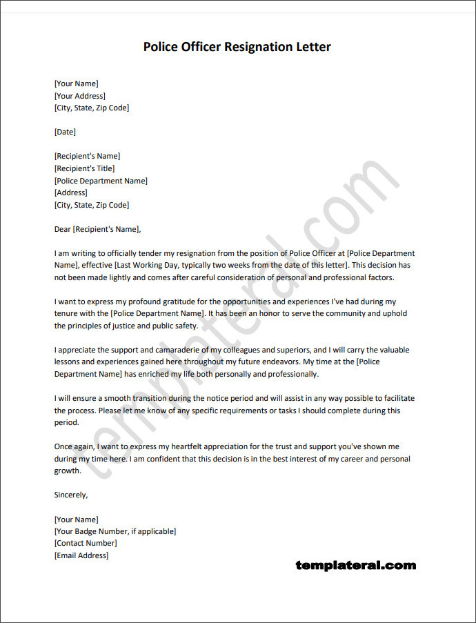 Downloadable police officer resignation letter template available in Word for easy editing