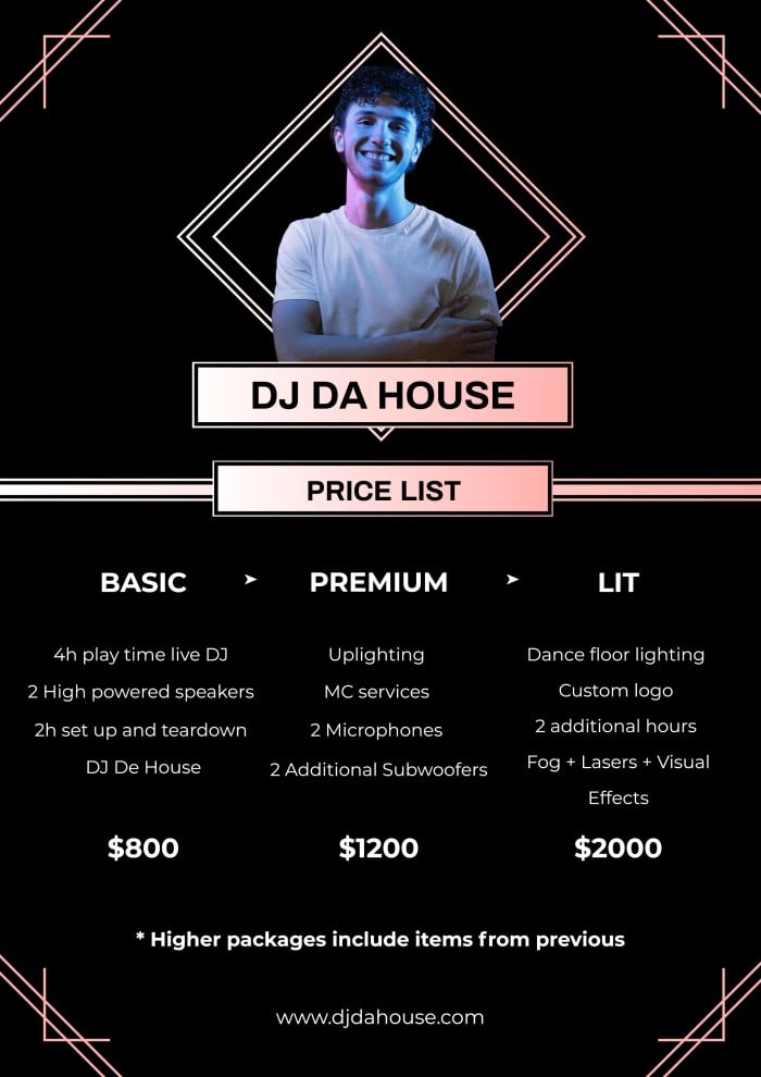 printable DJ price list template example