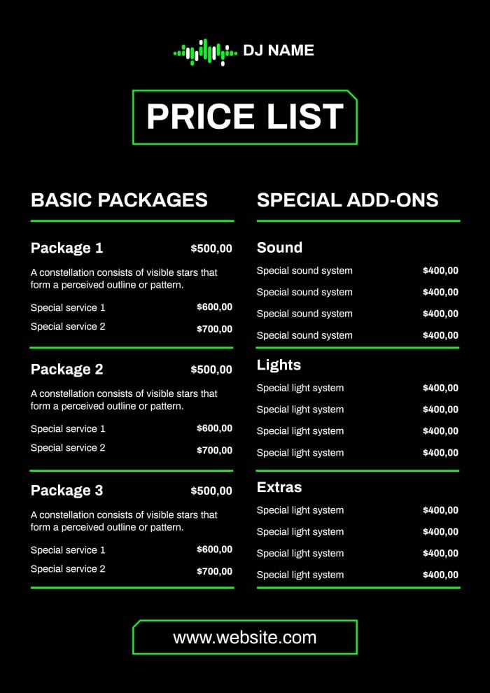 printable DJ price list template sample