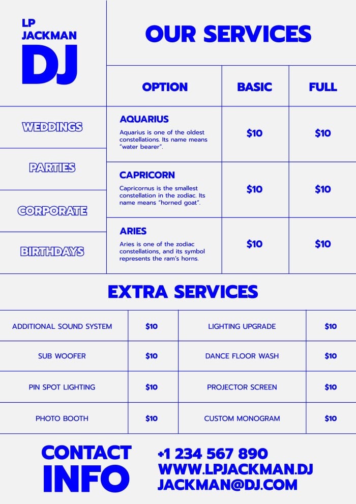 printable DJ price list template