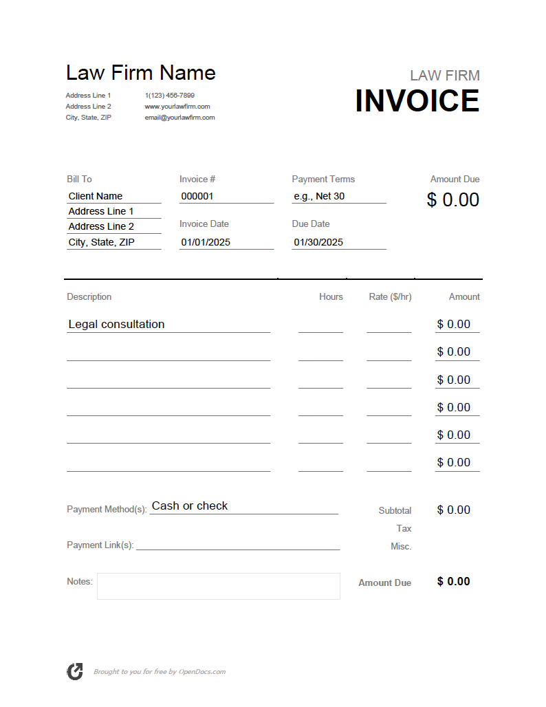 printable attorney invoice template sample