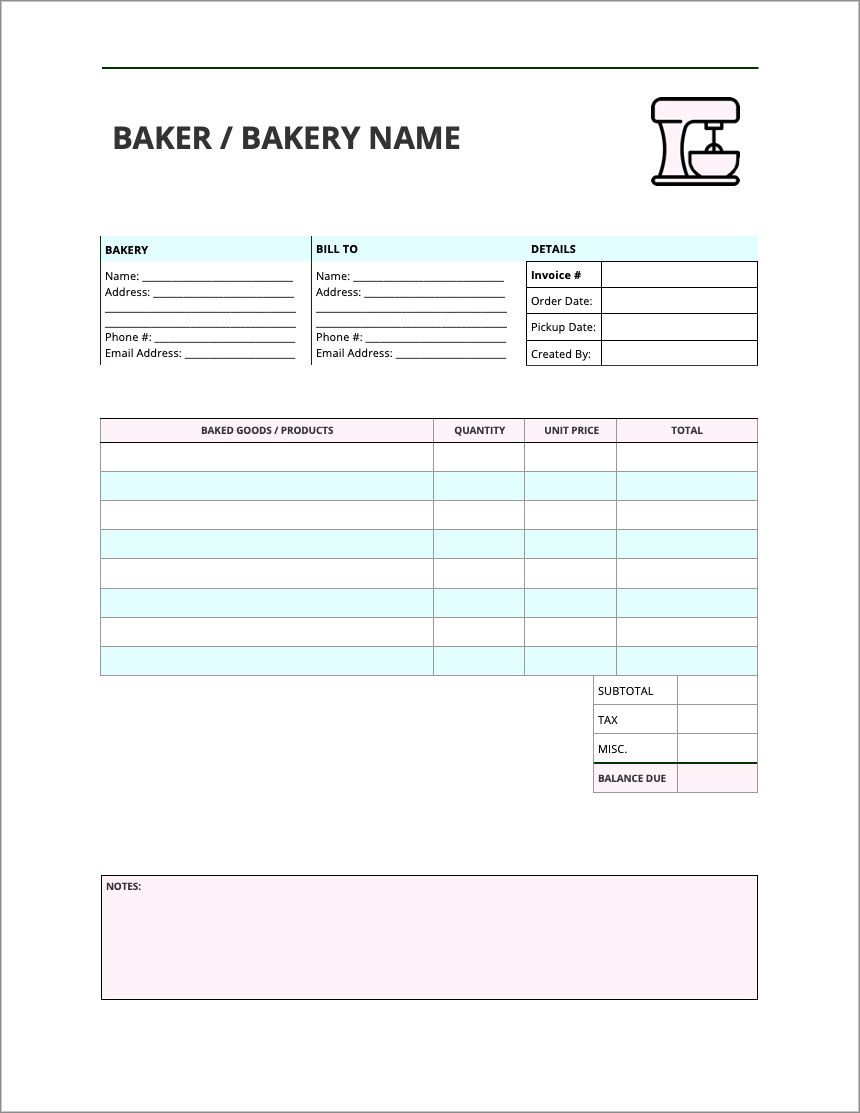 printable bakery invoice template example