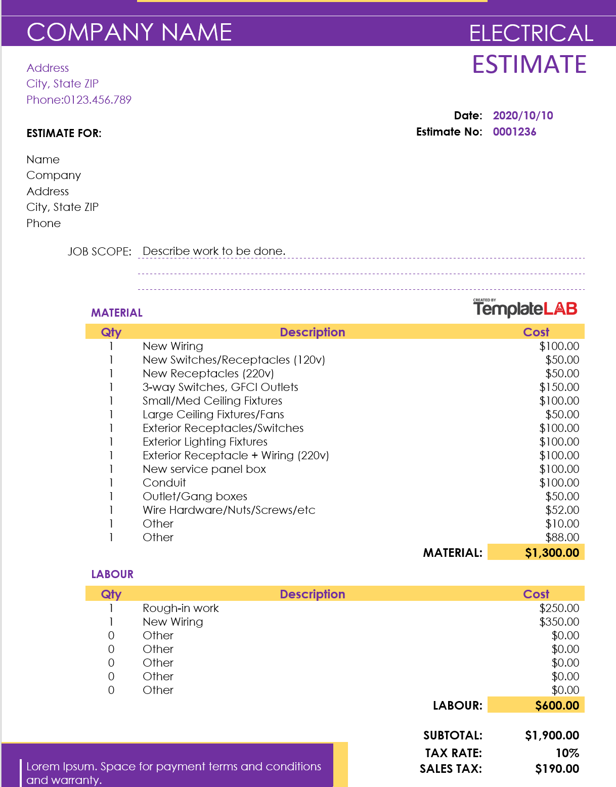 printable electrical estimate template example