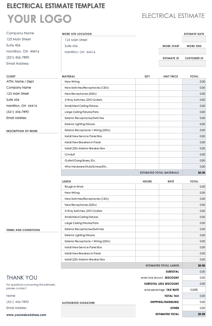 printable electrical estimate template