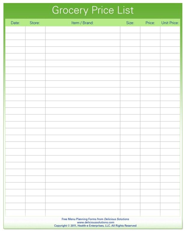 printable grocery price list template