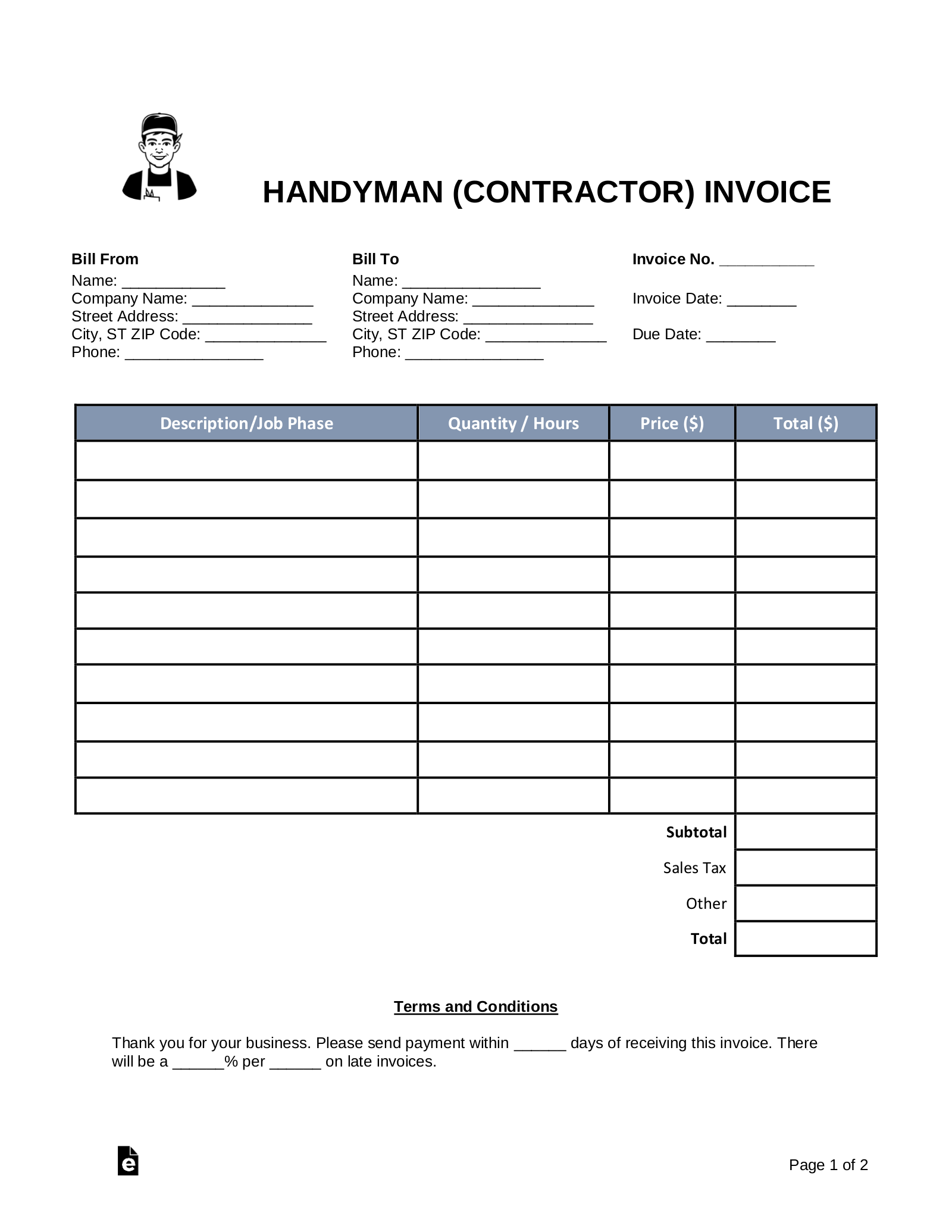 printable handyman estimate template example