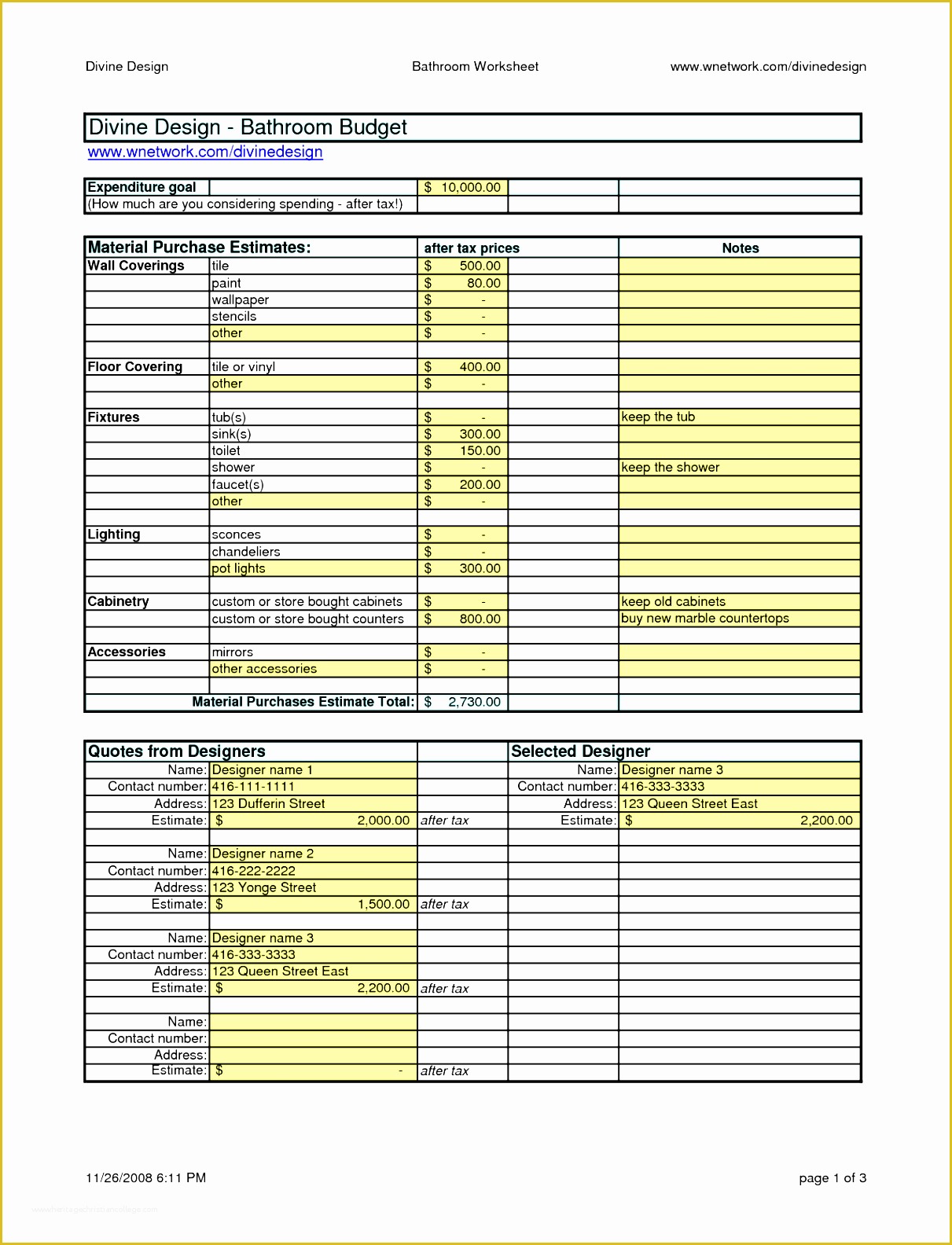 printable home renovation estimate template example