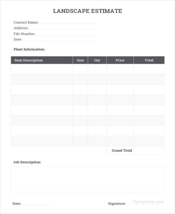 printable landscape estimate template example