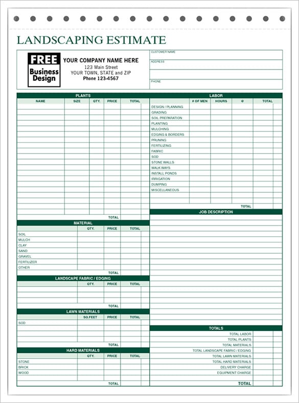 printable landscape estimate template