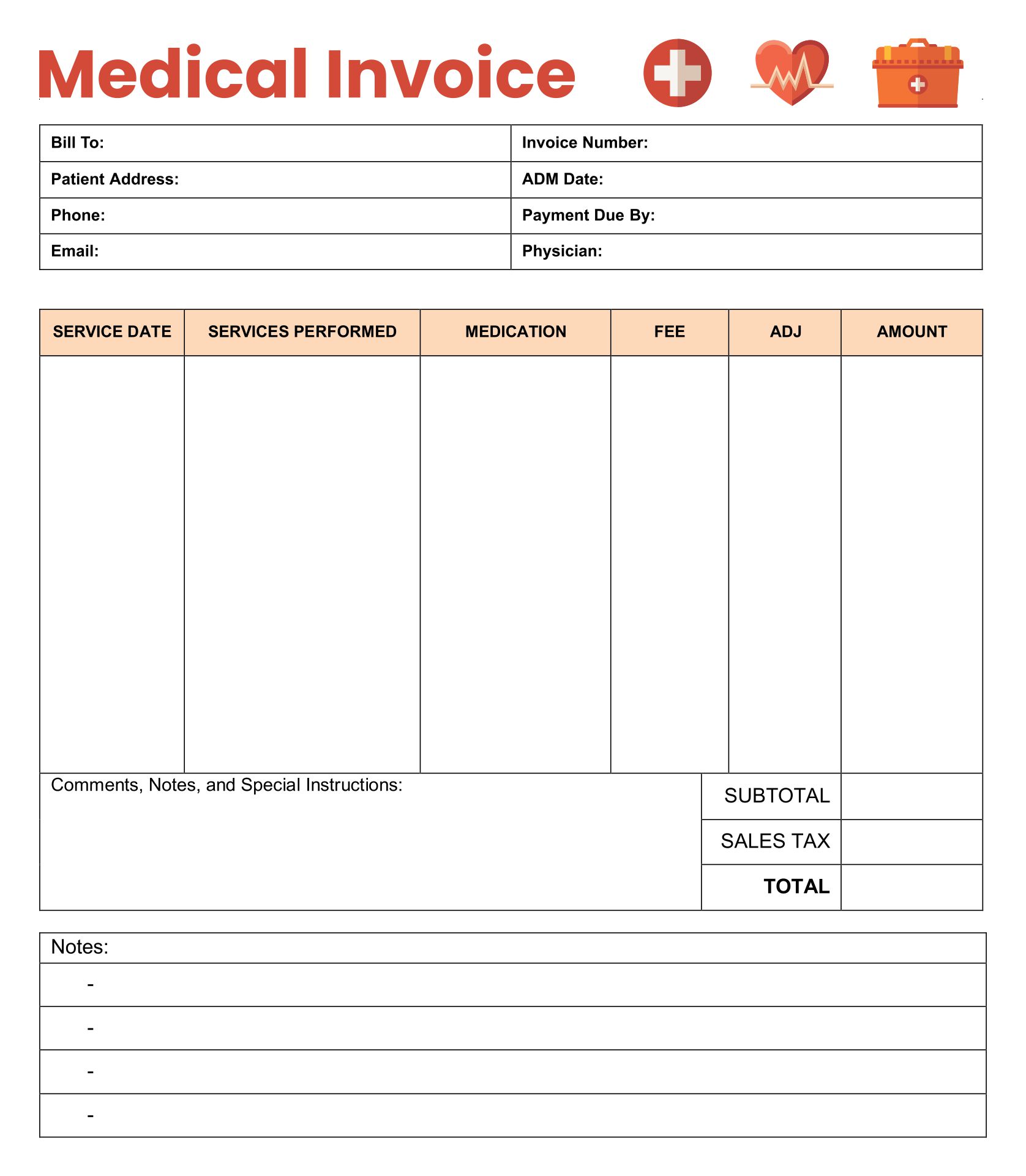 printable medical invoice template example