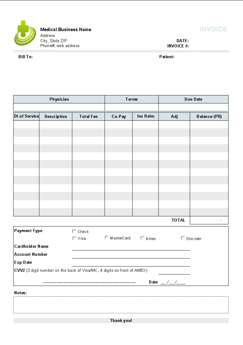 printable medical invoice template sample