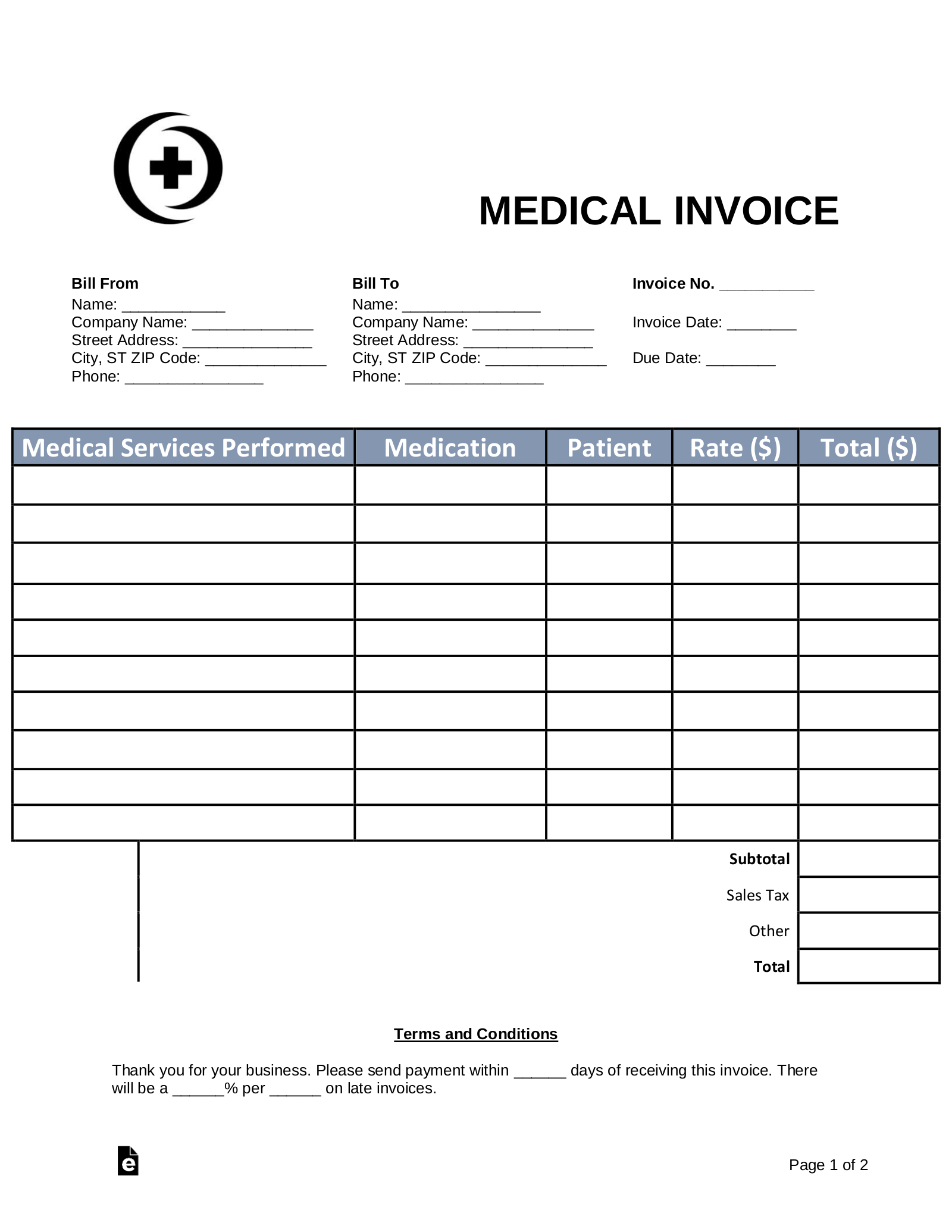 printable medical invoice template