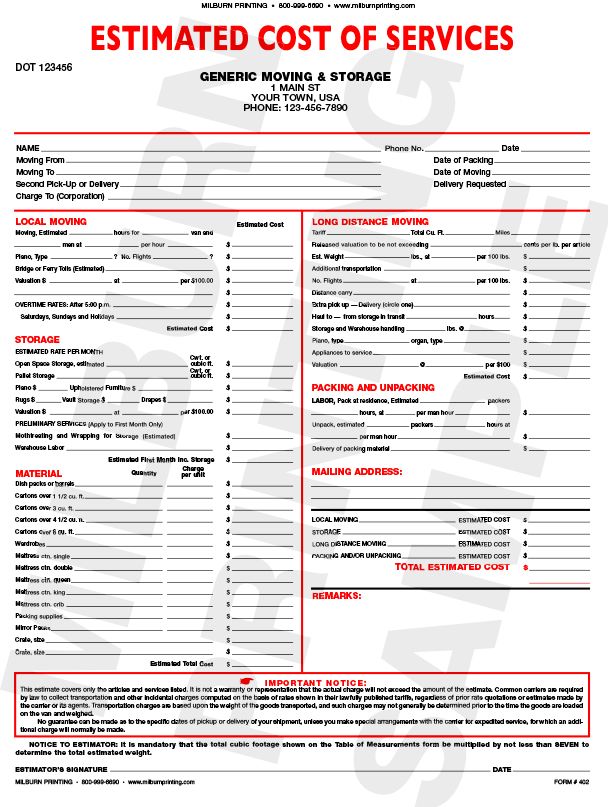 printable moving estimate template sample