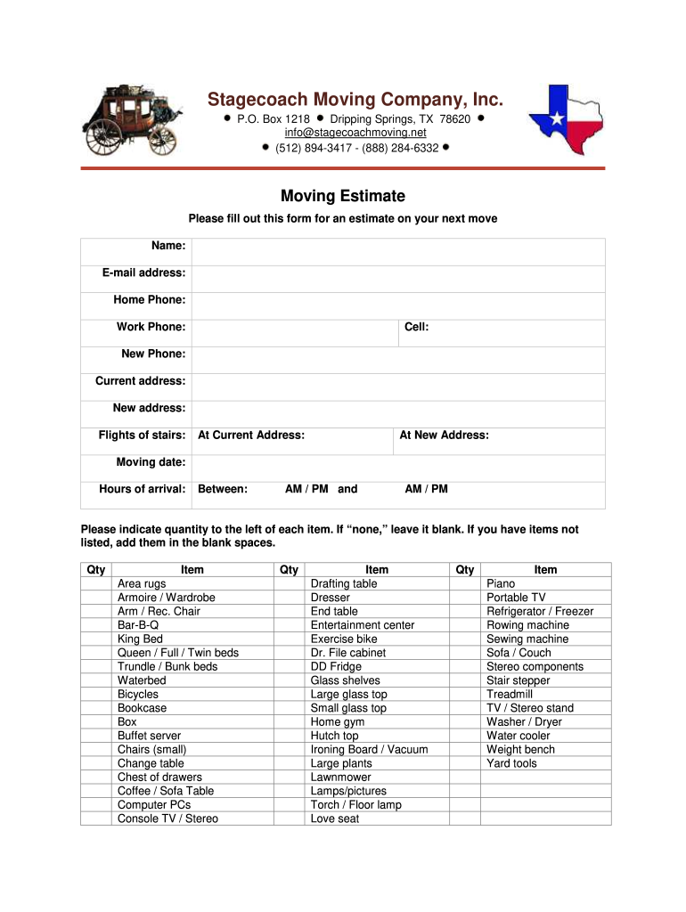 printable moving estimate template