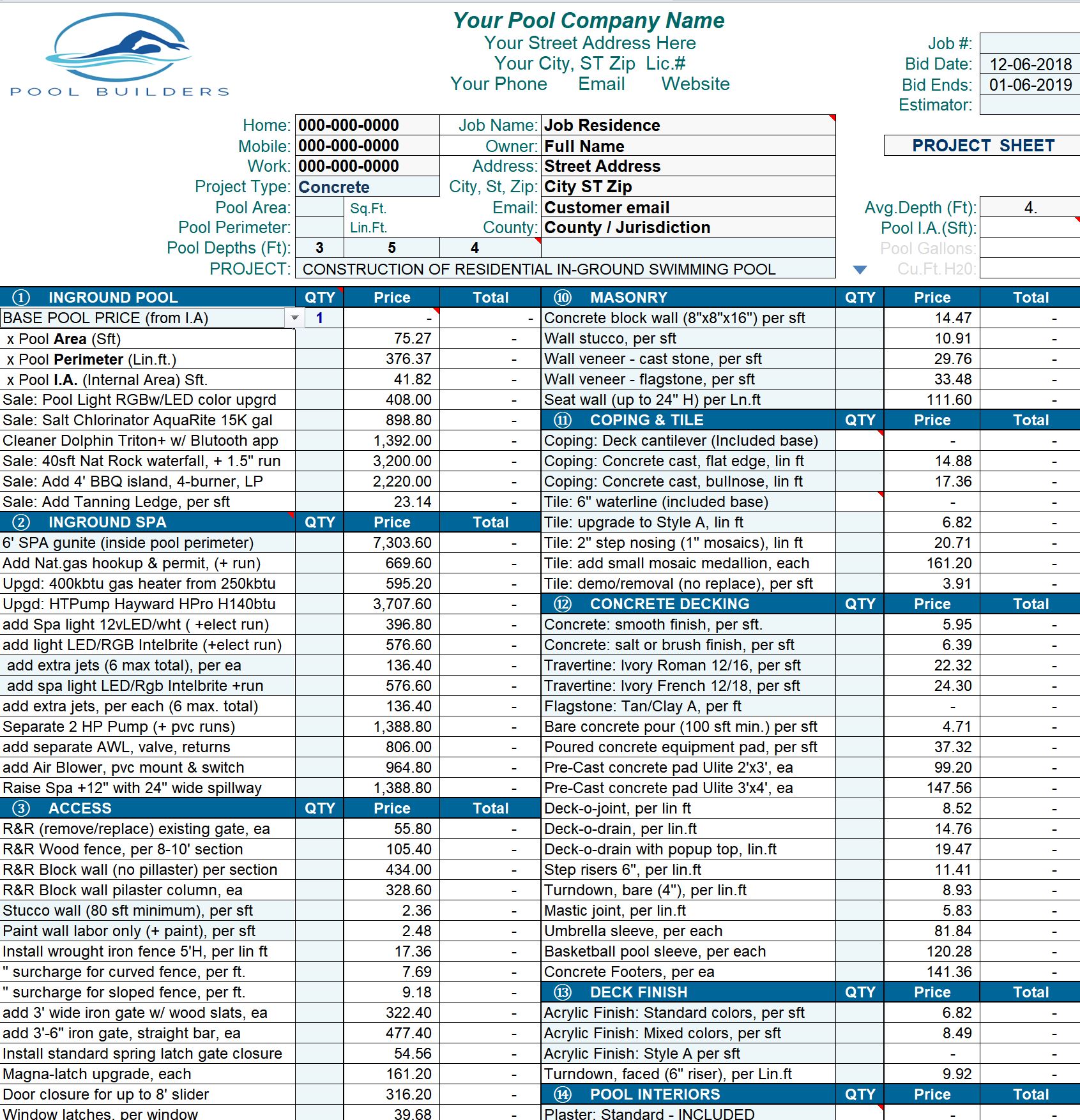 printable pool estimate template sample