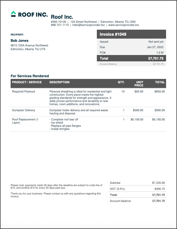 printable roofing invoice template example