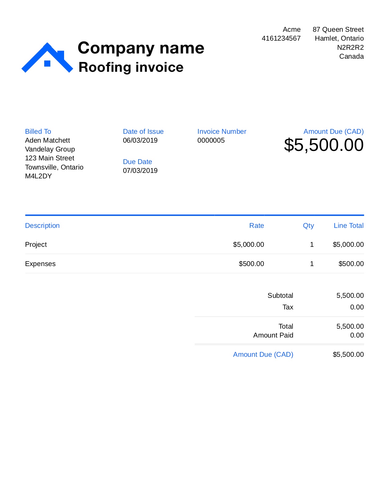 printable roofing invoice template sample