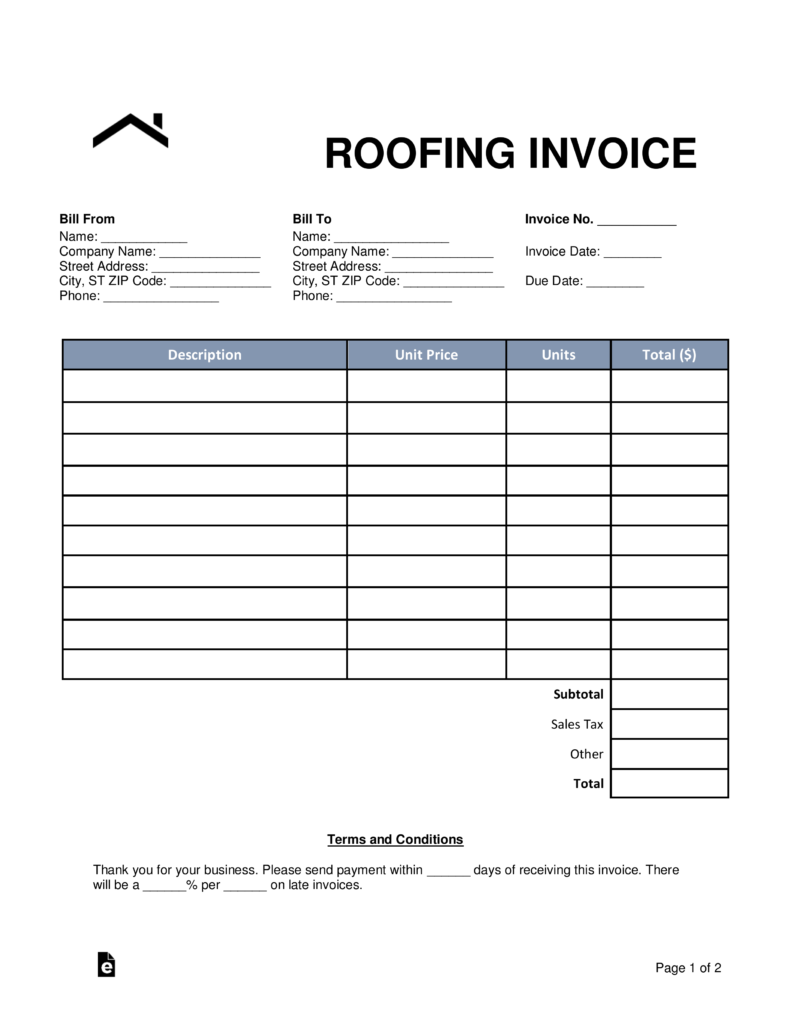 printable roofing invoice template