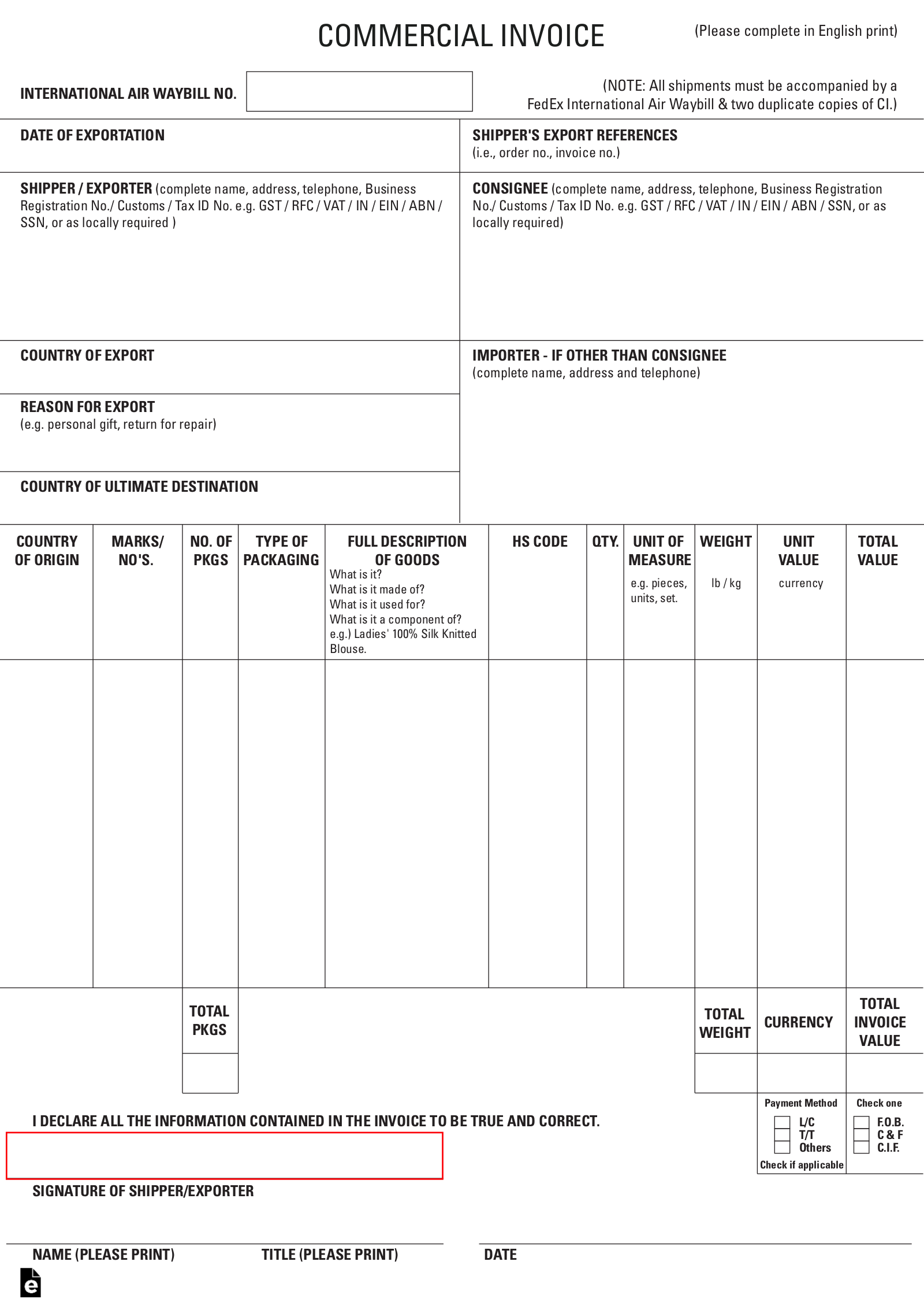 printable shipping invoice template sample