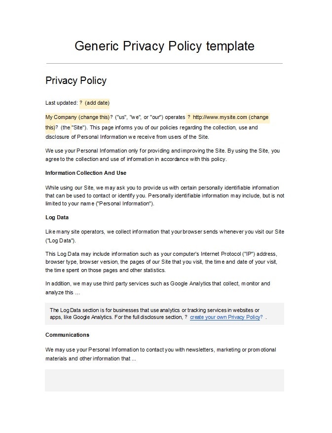 privacy policy template