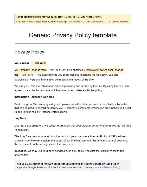 privacy policy template