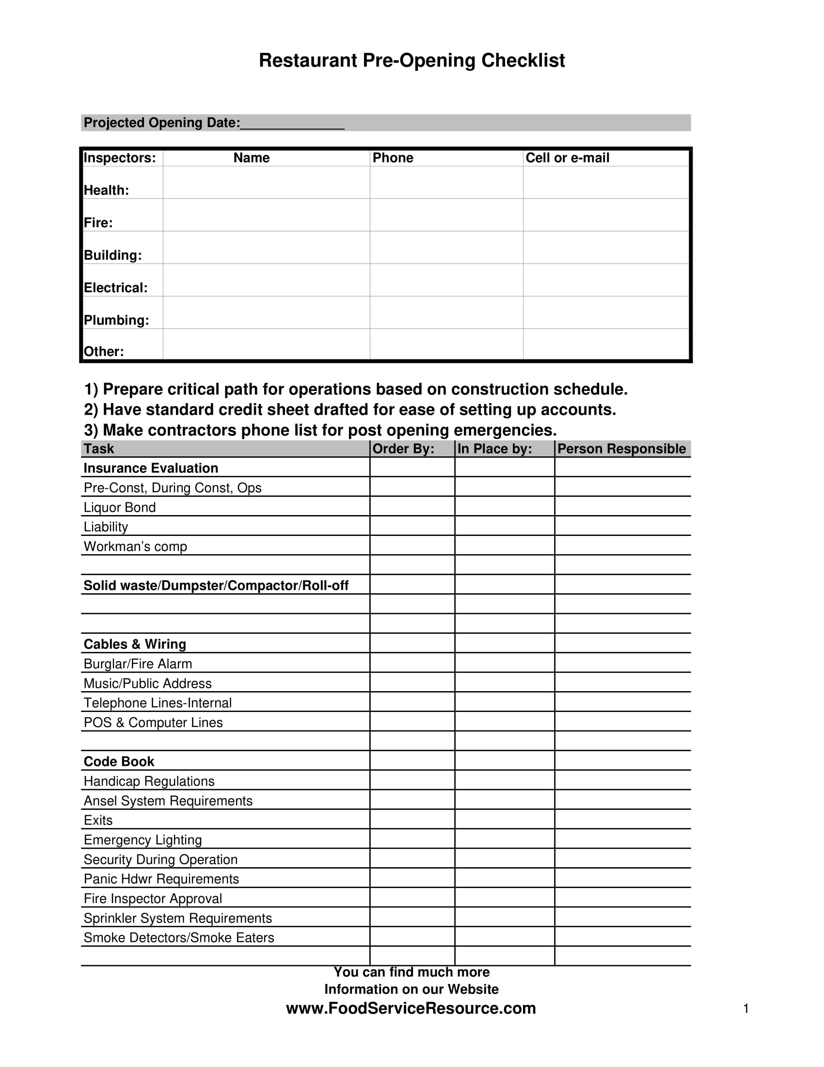 sample of printable restaurant daily opening checklist template in excel template