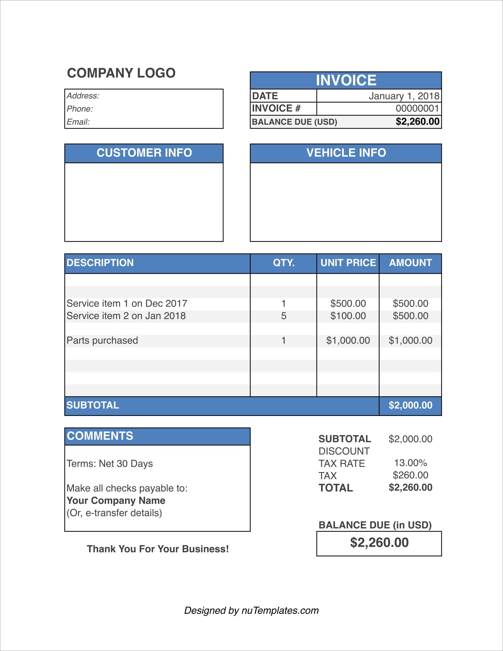 sample of car repair invoice template