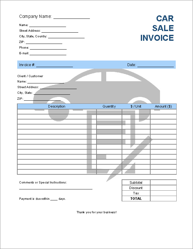 sample of car sale invoice template