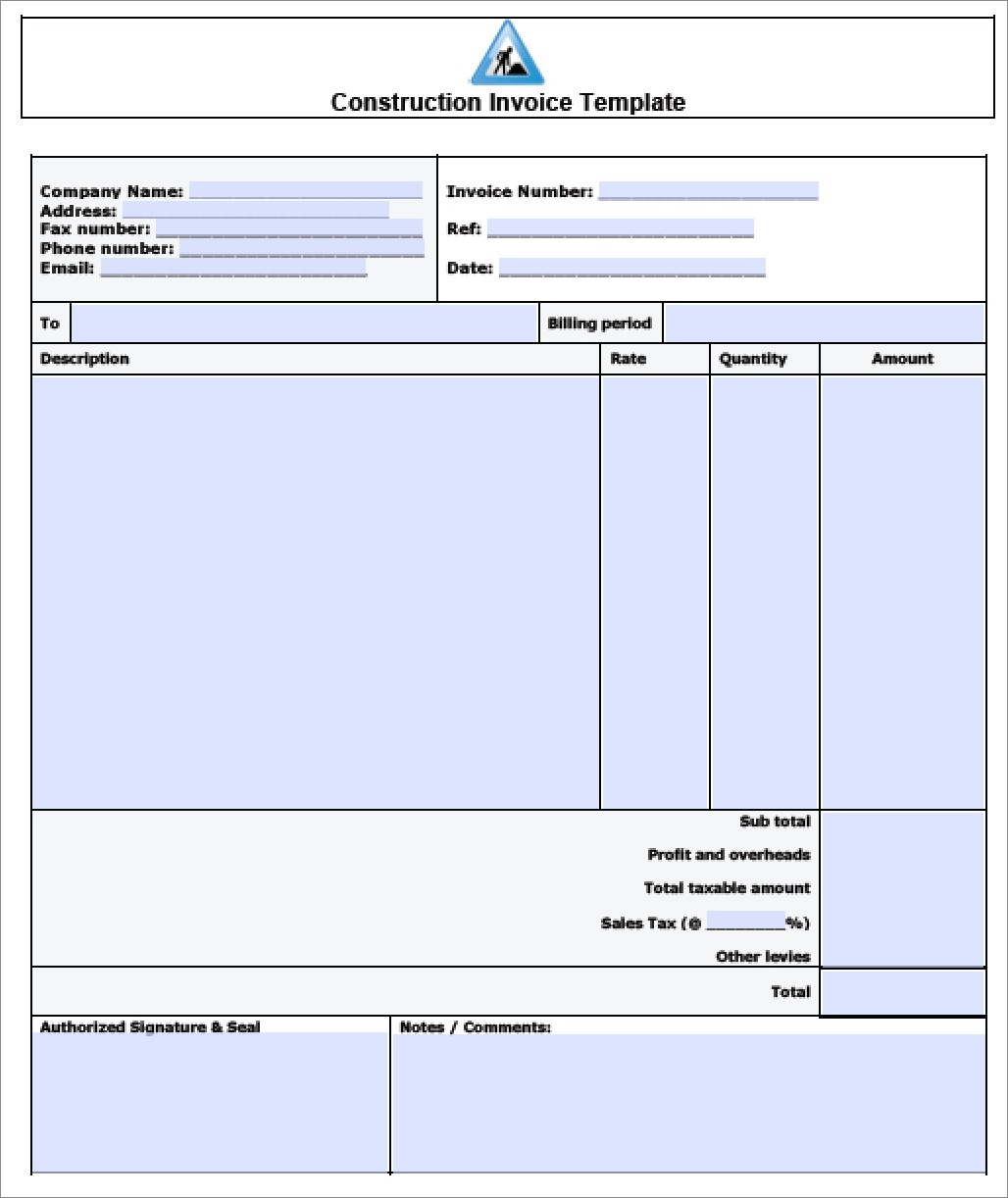 sample of construction invoice template