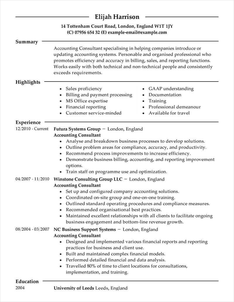 sample of consultant resume template