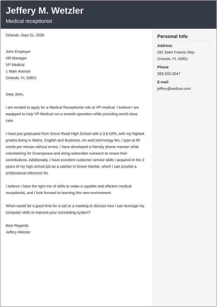 sample of cover letter template for medical receptionist