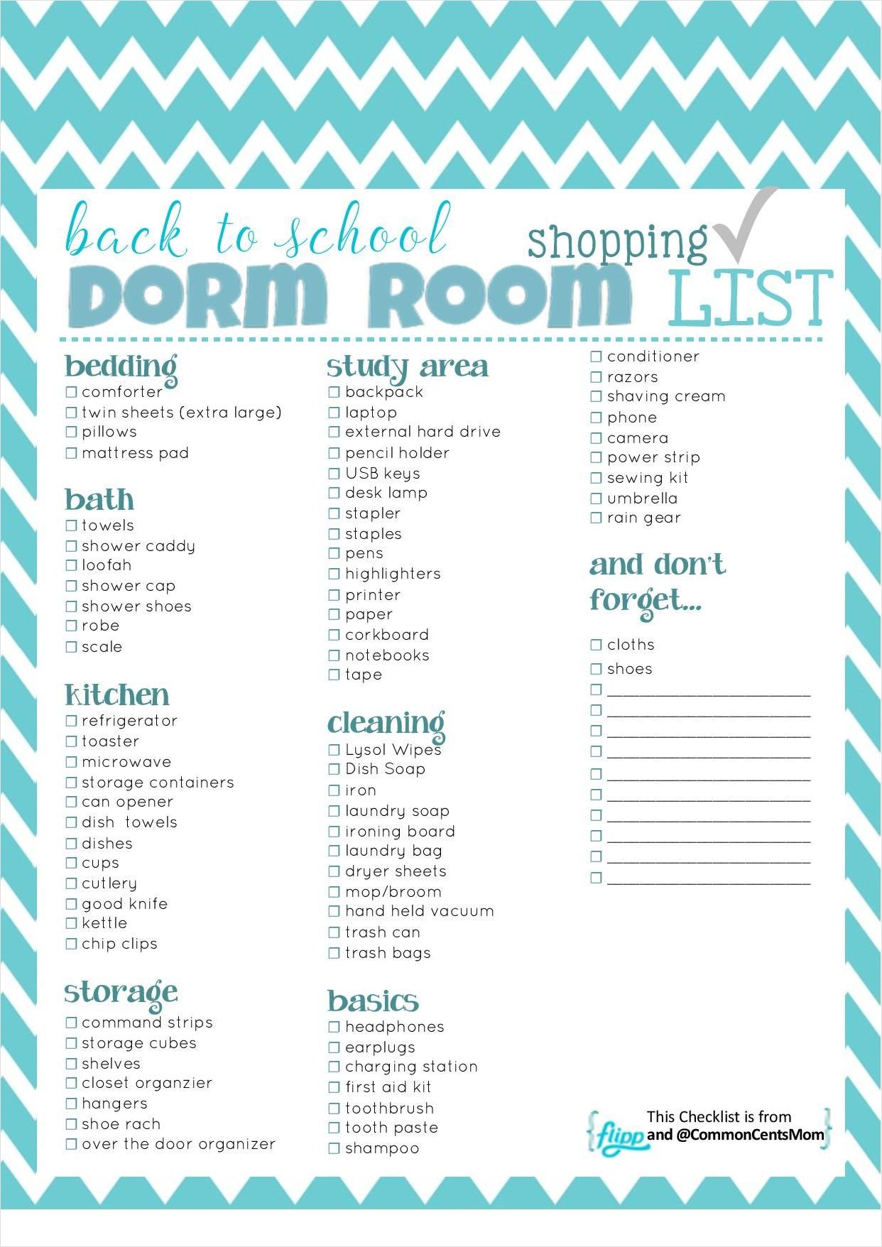 sample of dorm shopping checklist template