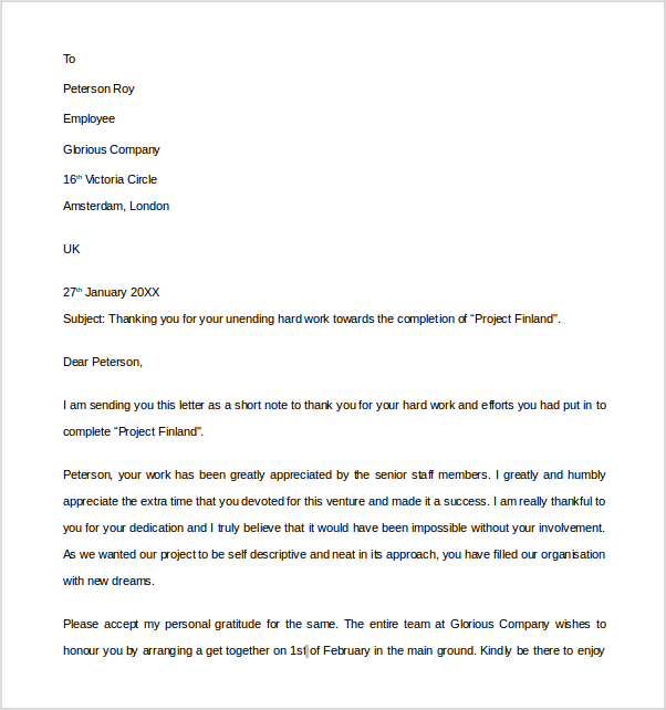 sample of employment thank you letter template