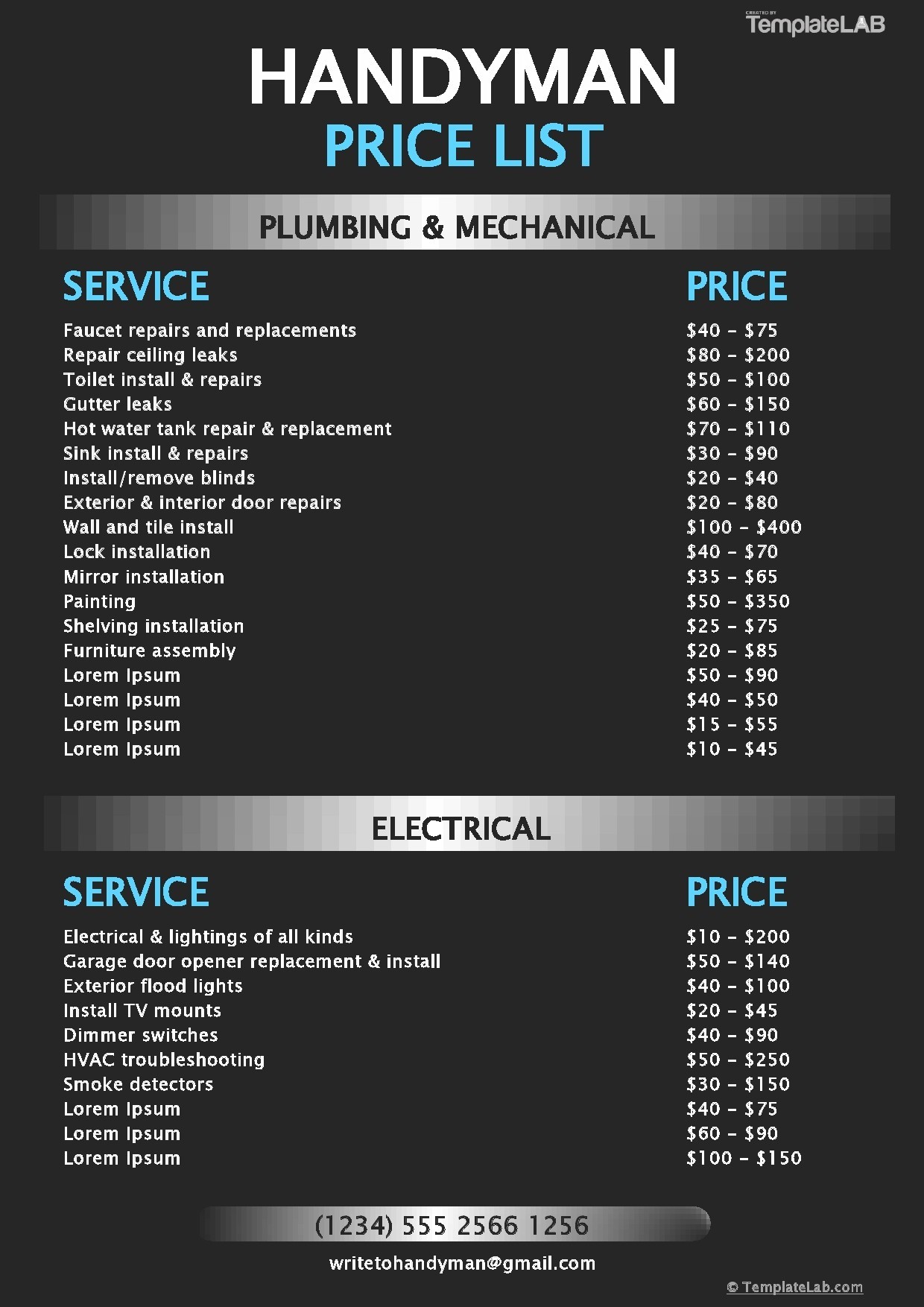 sample of graphic design price list template